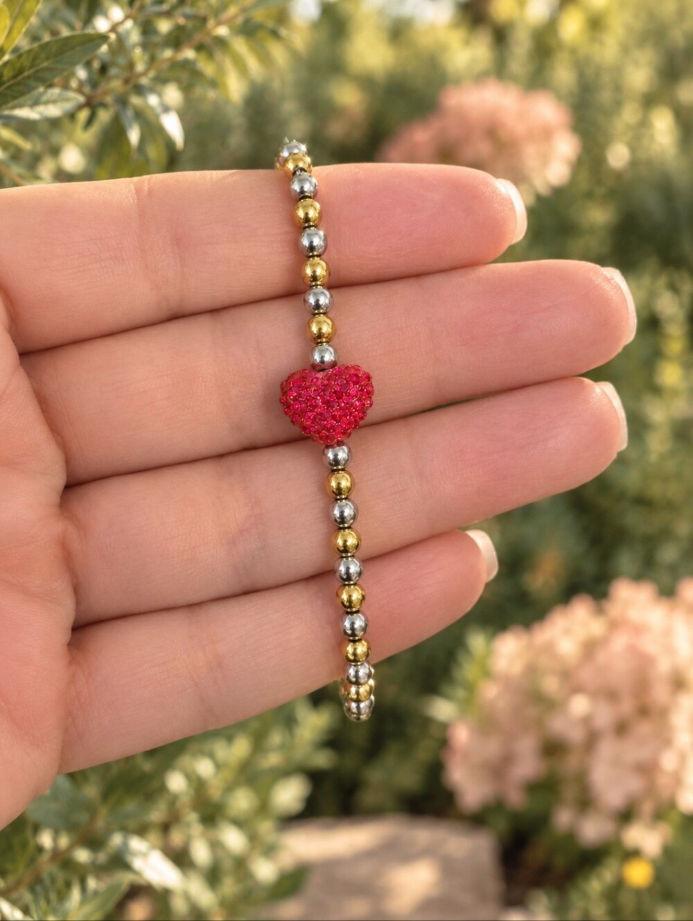 Rustic Cuff Red Heart Stretch Bracelet — Size 6.5